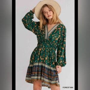 Umgee Boho Floral V-Neck Dress Forest Green Border Print Balloon Sleeve